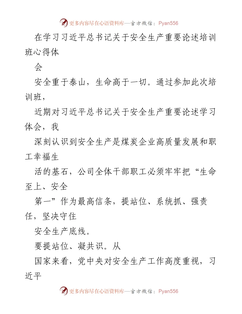 [发言] 培训班 - 深入学习习近平总书记关于安全生产的重要论述心得体会.docx_第1页