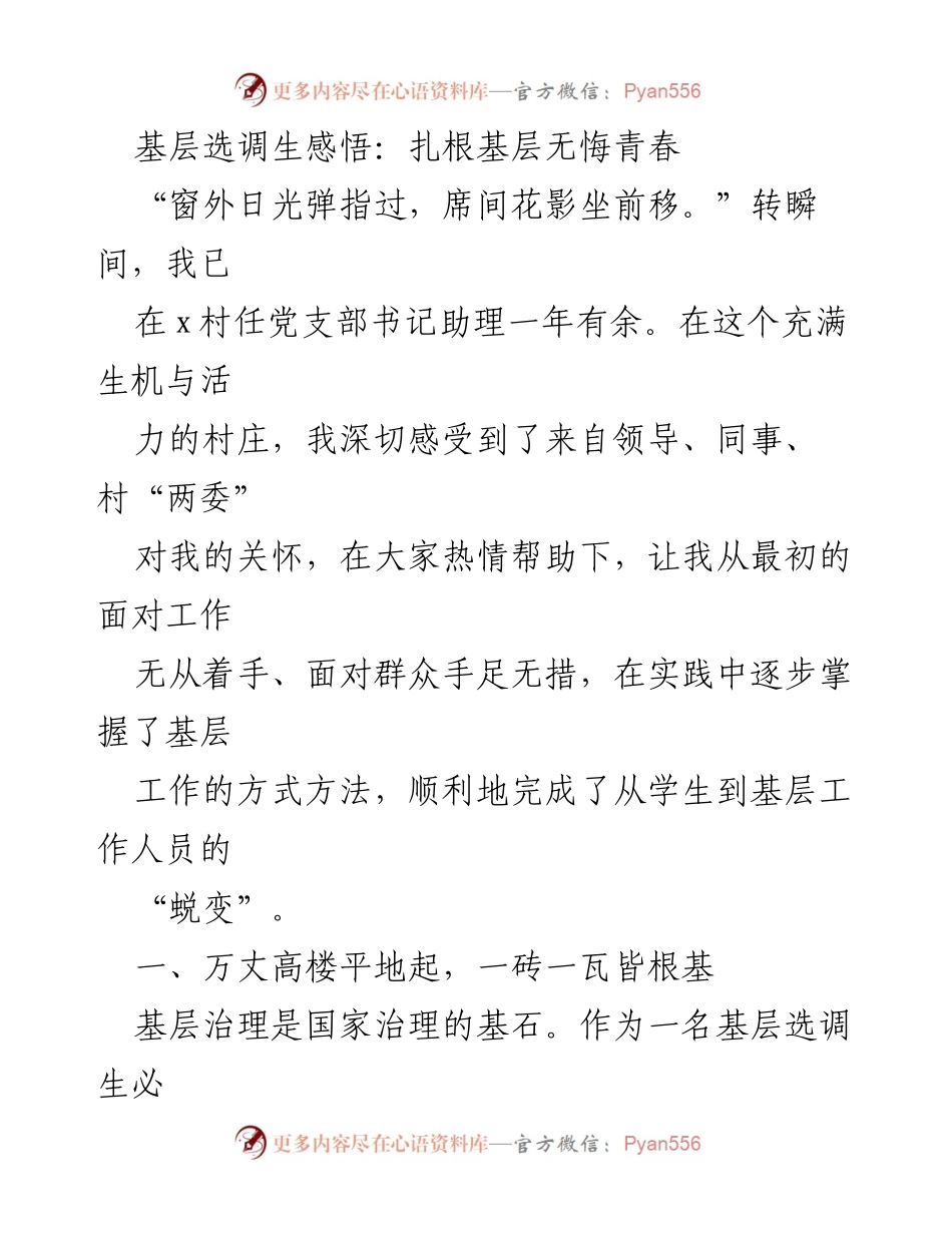 [发言] 基层选调生总结会 - 扎根基层，奉献青春：我的选调生经历与感悟.docx_第1页