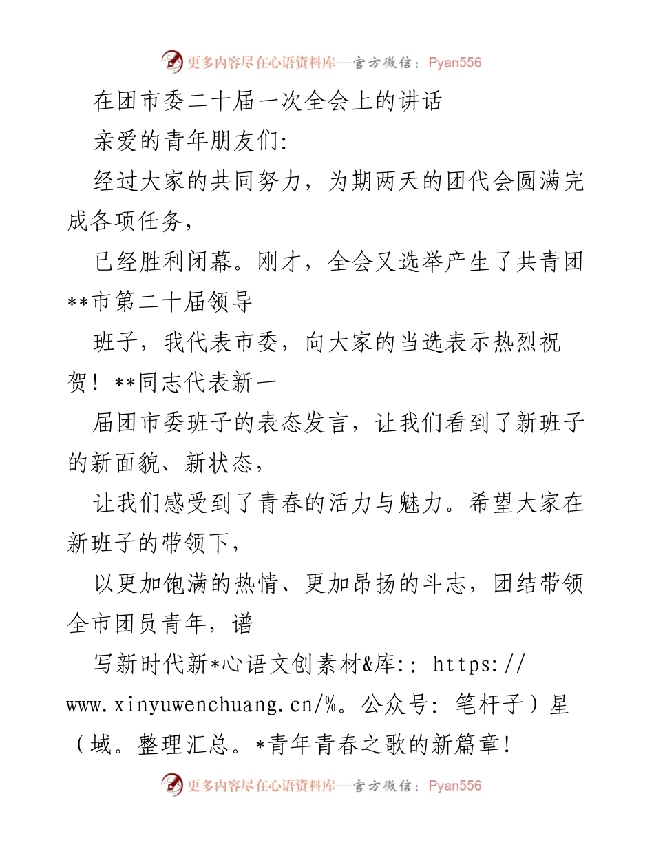 [发言] 团市委二十届一次全会 - 在新时代谱写青春之歌的号召.docx_第1页