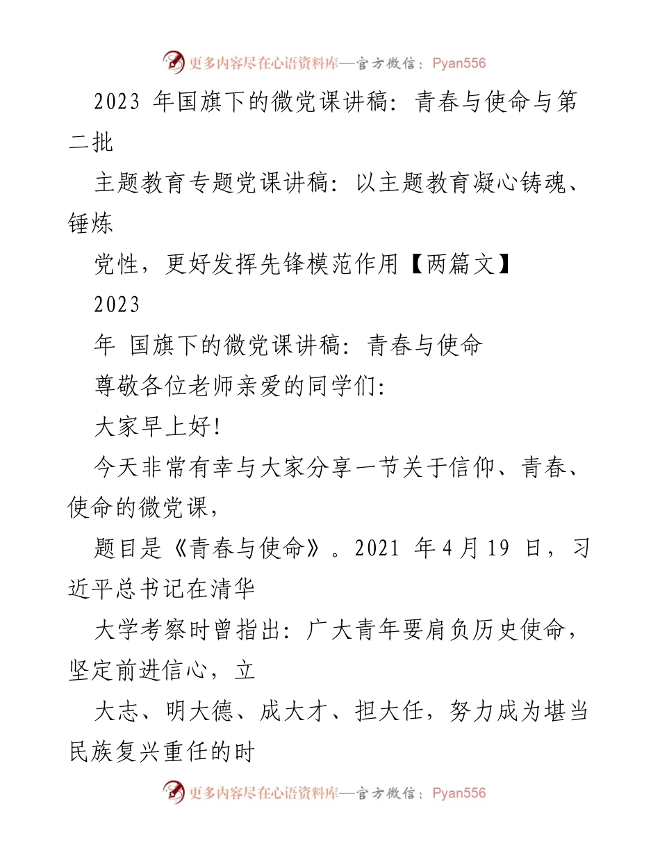 [发言] 国旗下的微党课 - 青春与使命：新时代青年的责任与担当.docx_第1页