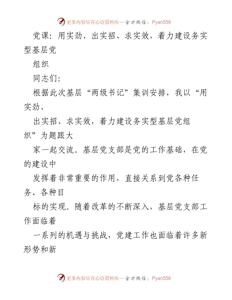 [发言] 基层“两级书记”集训 - 用实劲、出实招、求实效，着力建设务实型基层党组织.docx_第1页