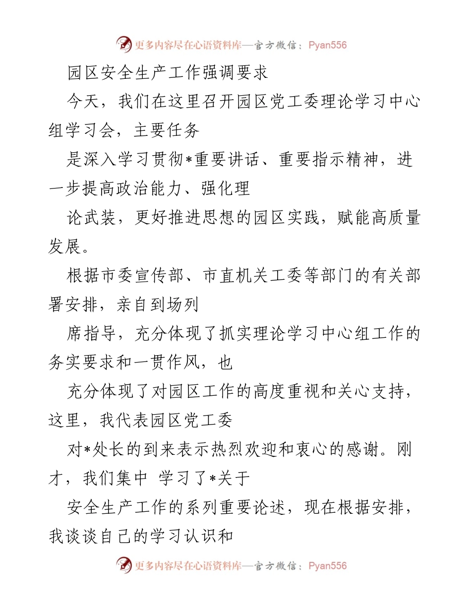 [发言] 园区党工委理论学习中心组学习会 - 强化安全生产意识，推动高质量发展.docx_第1页