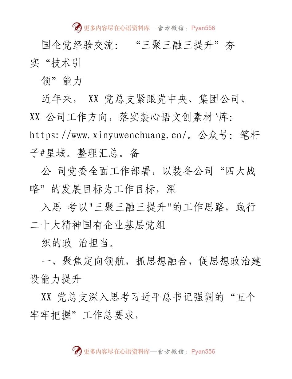 [发言] 国企党经验交流会 - “三聚三融三提升”推动技术引领能力建设.docx_第1页