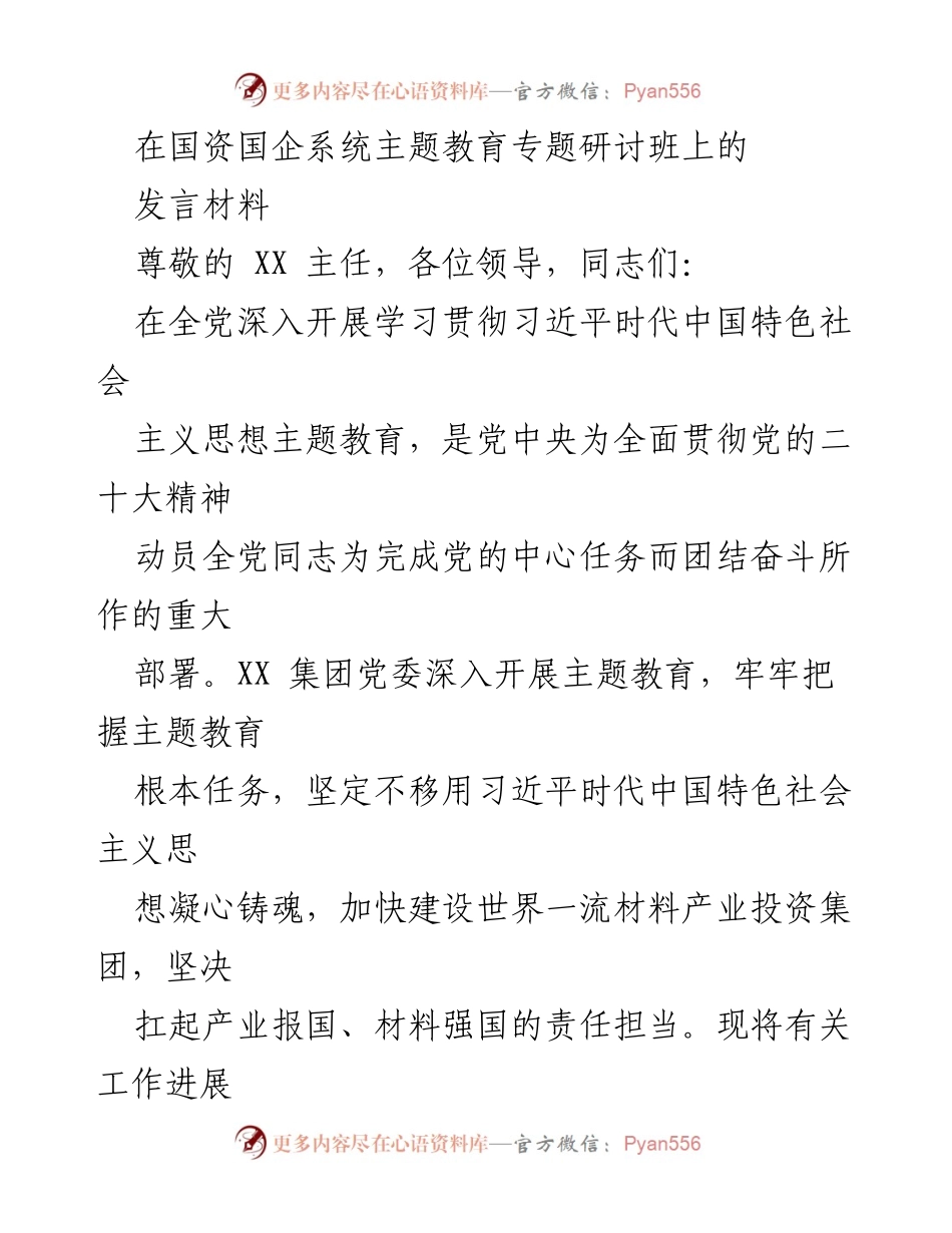 [发言] 国资国企系统主题教育专题研讨班 - 坚定不移推进世界一流材料产业投资集团建设.docx_第1页