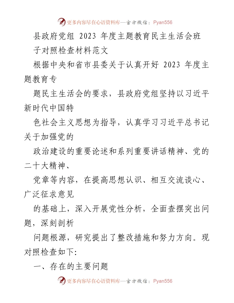 [发言] 县政府党组年度民主生活会 - 2023年度主题教育民主生活会对照检查材料分析.docx_第1页