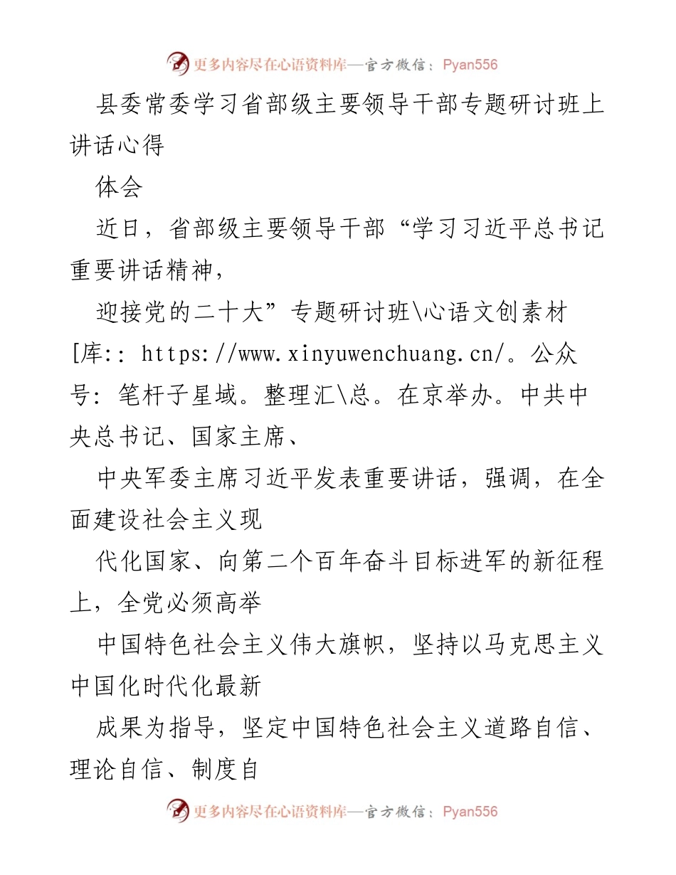 [发言] 县委常委学习研讨班 - 深刻领会习近平总书记讲话精神，增强责任担当.docx_第1页
