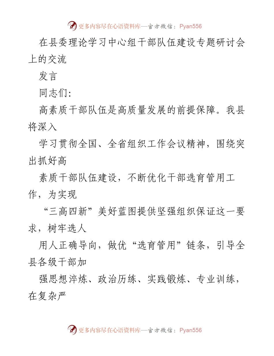 [发言] 县委理论学习中心组干部队伍建设专题研讨会 - 加强高素质干部队伍建设，推动高质量发展.docx_第1页