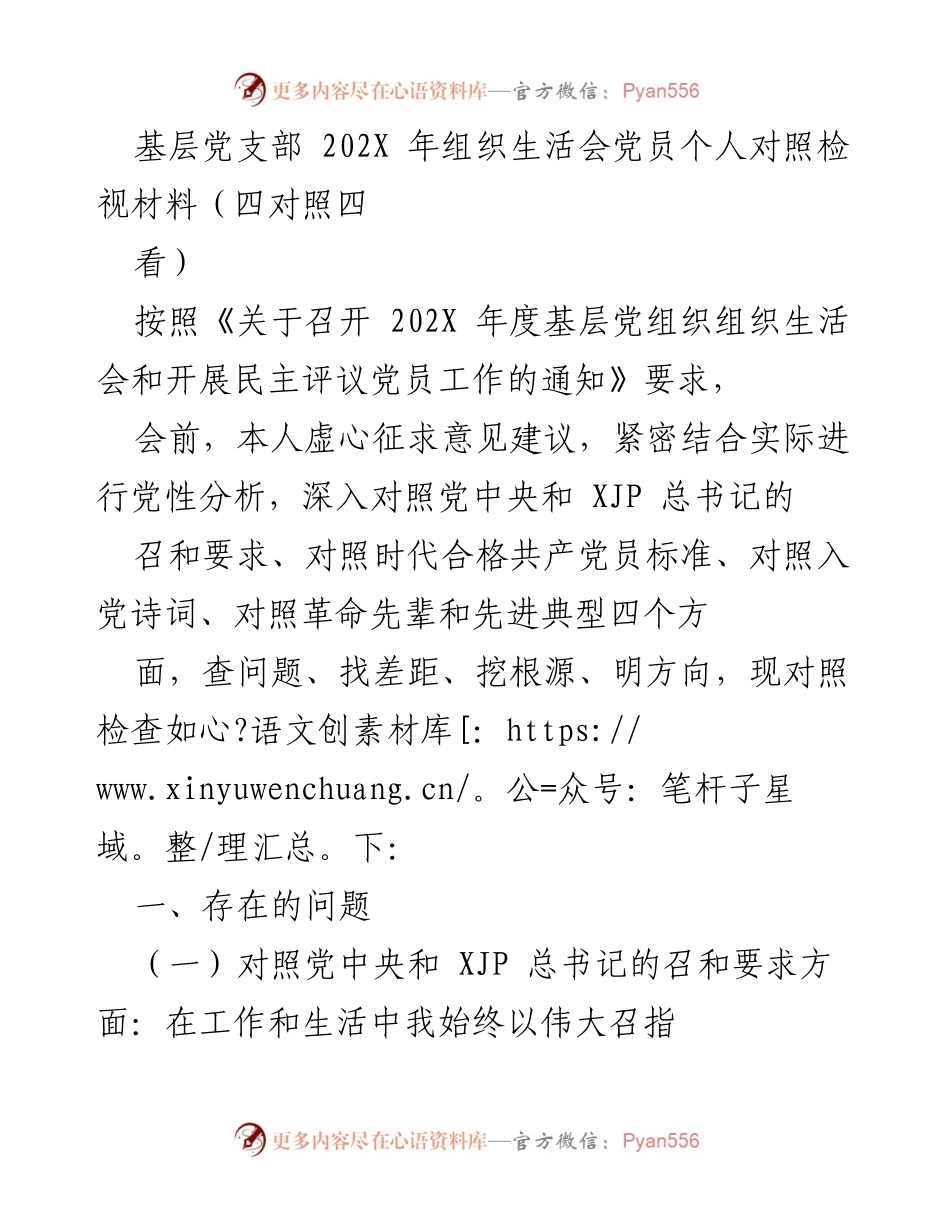 [发言] 基层党支部组织生活会 - 202X年度组织生活会个人对照检视材料总结.docx_第1页