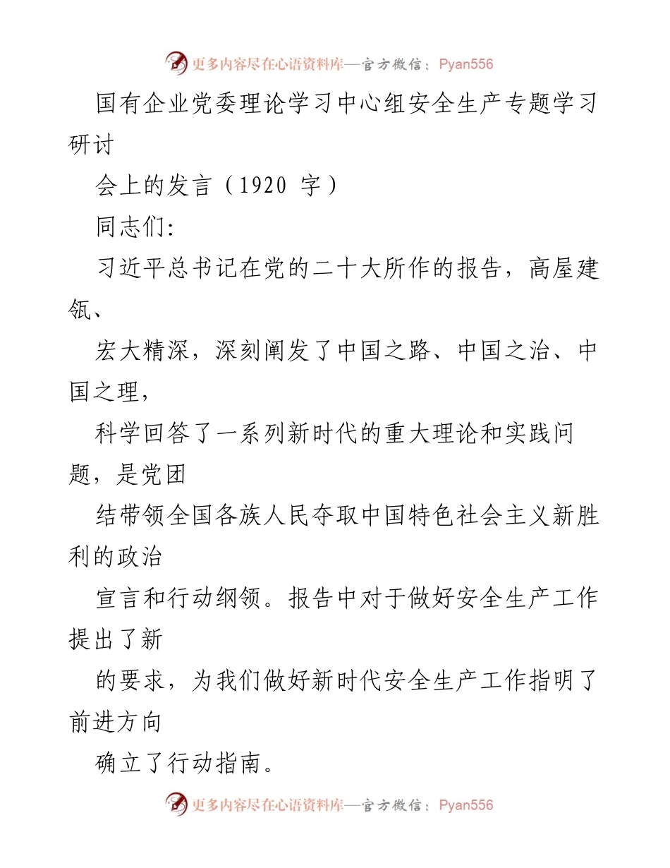 [发言] 国有企业党委理论学习中心组安全生产专题学习研讨会 - 深入学习党的二十大精神，推动安全生产工作落实.docx_第1页