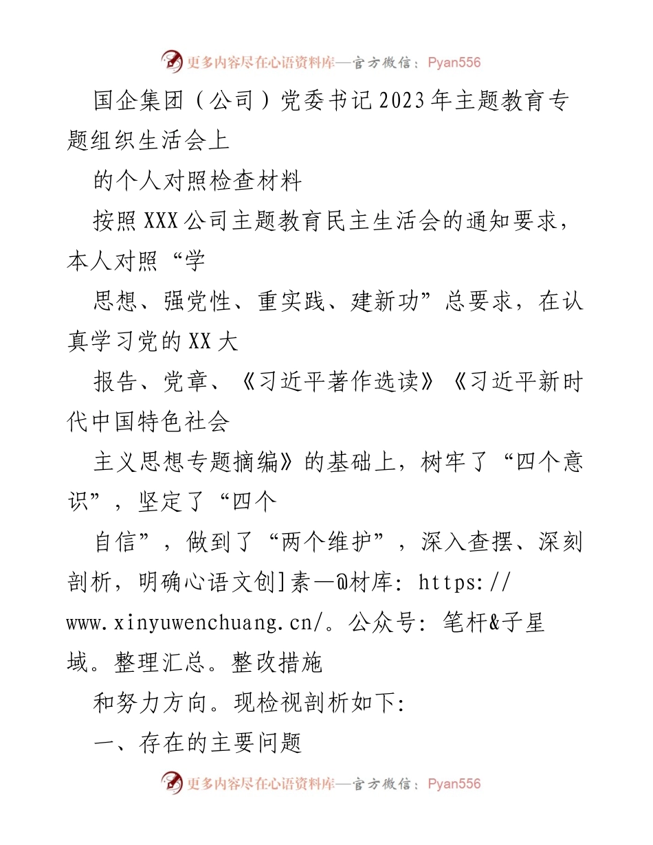 [发言] 国企集团党委书记2023年主题教育专题组织生活会 - 个人对照检查与整改措施总结.docx_第1页