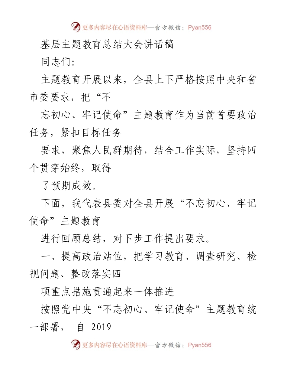 [发言] 基层主题教育总结大会 - 不忘初心、牢记使命主题教育总结与展望.docx_第1页
