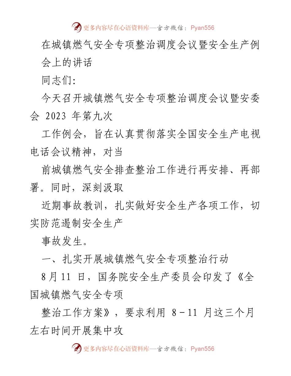 [发言] 城镇燃气安全专项整治调度会议 - 加强城镇燃气安全专项整治，保障人民生命财产安全.docx_第1页