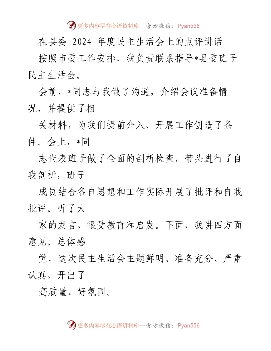 [发言] 县委 2024 年度民主生活会 - 高质量民主生活会点评与整改建议.docx_第1页