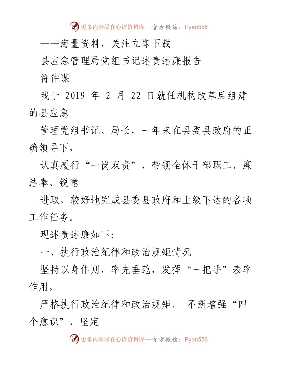 [发言] 县应急管理局 - 述责述廉报告总结.docx_第1页