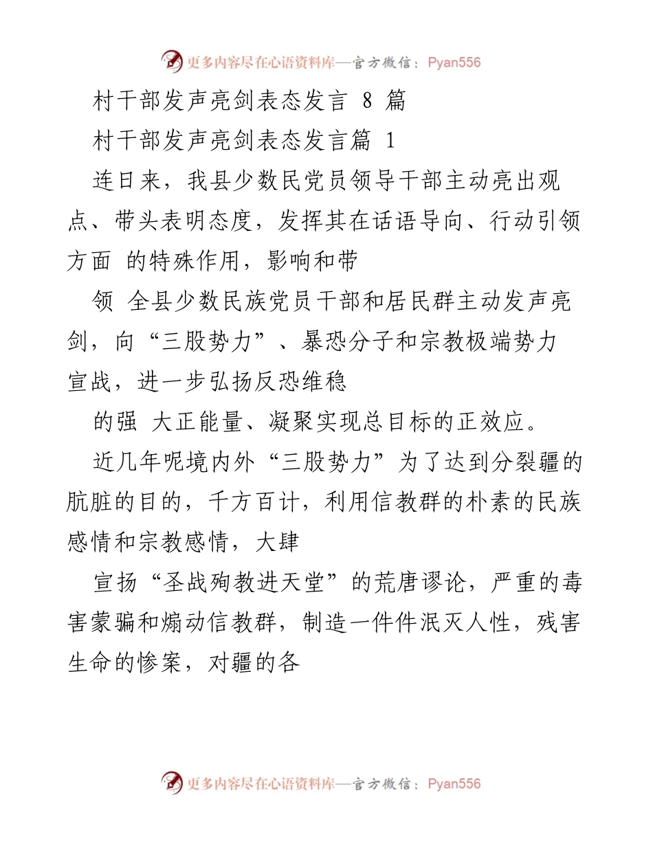 [发言] 反分裂斗争会议 - 村干部坚定表态，共同打击“三股势力”.docx_第1页