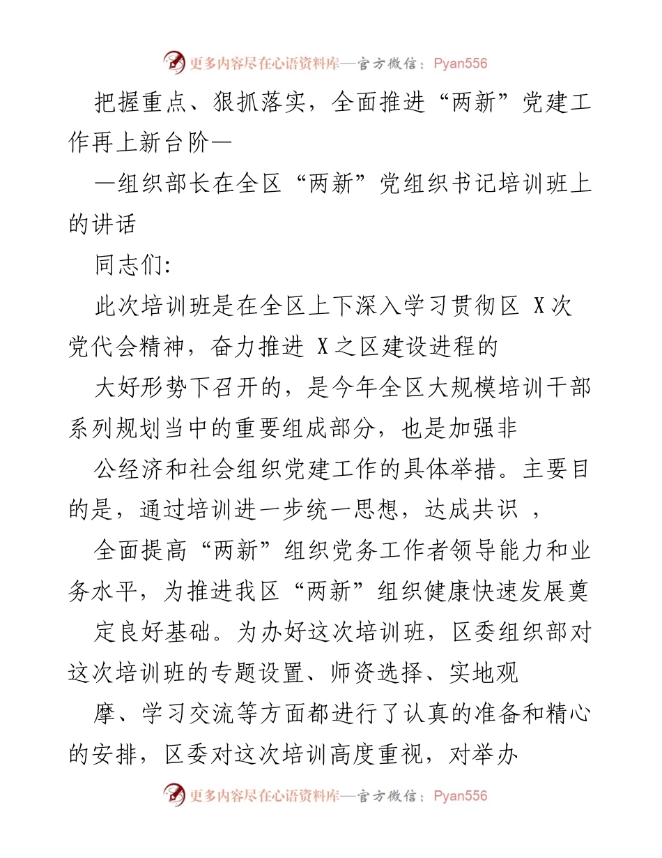 [发言] 培训班 - 把握重点、狠抓落实，全面推进“两新”党建工作再上新台阶.docx_第1页