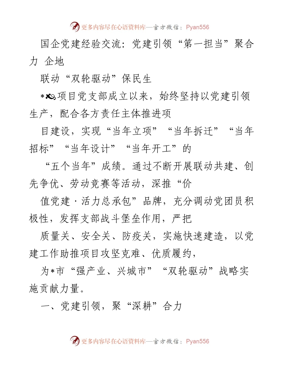 [发言] 国企党建经验交流会 - 党建引领聚合力，助推项目建设与民生保障.docx_第1页