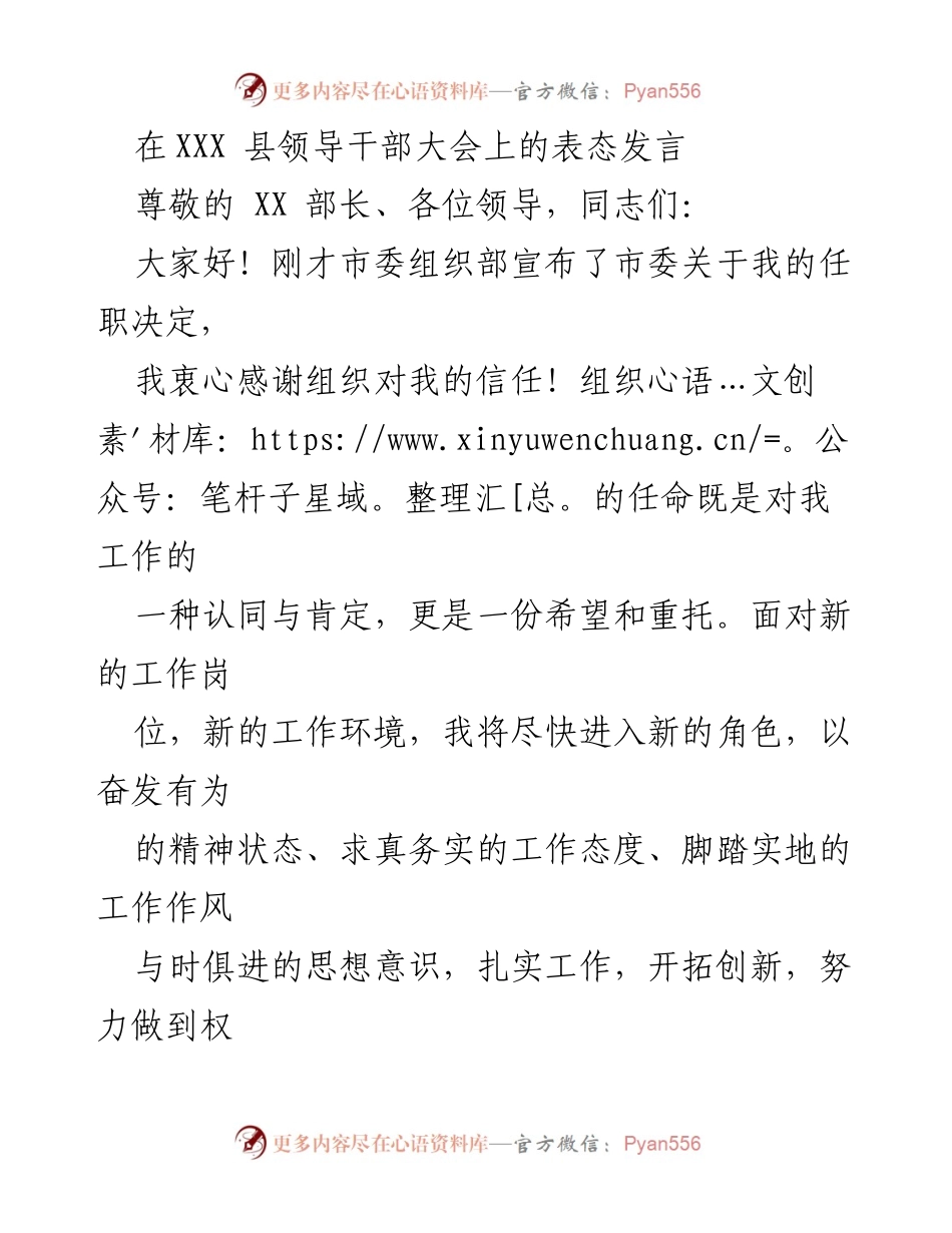 [发言] 县领导干部大会 - 新任职表态发言：忠诚担当、务实创新.docx_第1页