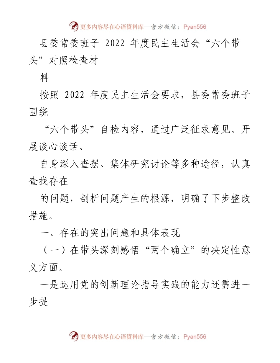 [发言] 县委常委班子年度民主生活会 - 2022年度民主生活会对照检查材料总结.docx_第1页