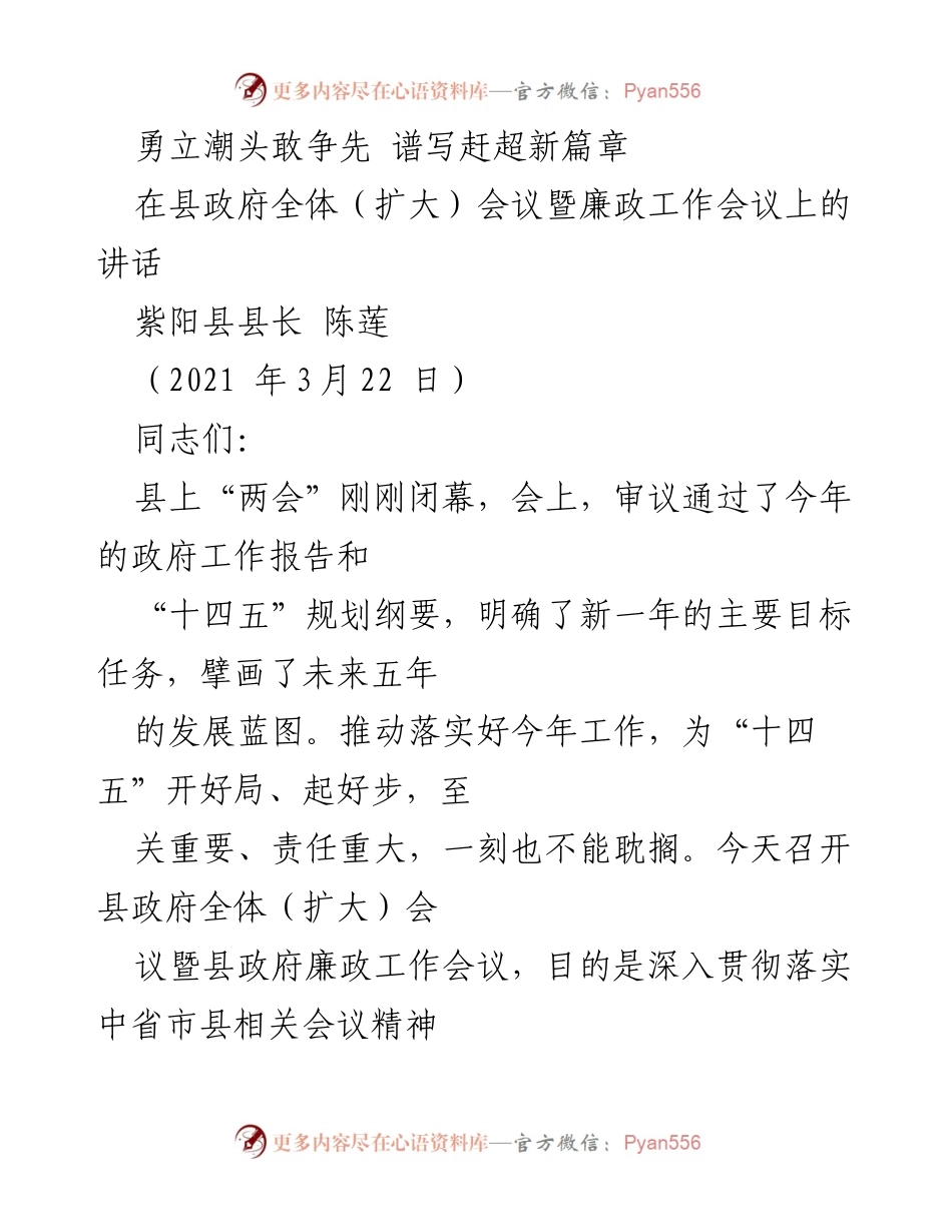 [发言] 县政府全体（扩大）会议暨廉政工作会议 - 勇立潮头，推动高质量发展新征程.docx_第1页