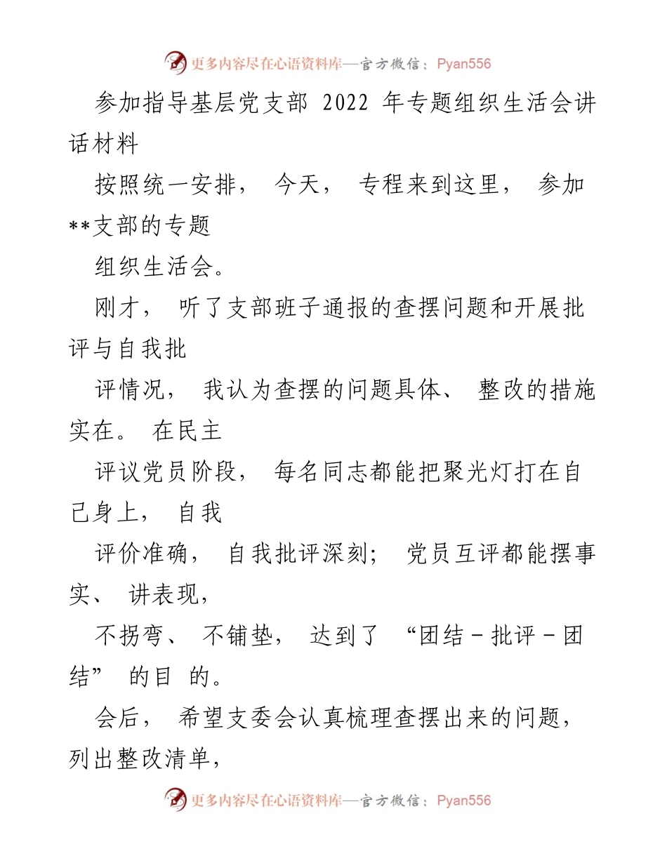 [发言] 基层党支部专题组织生活会 - 加强党内政治生活，推动全面从严治党_1.docx_第1页