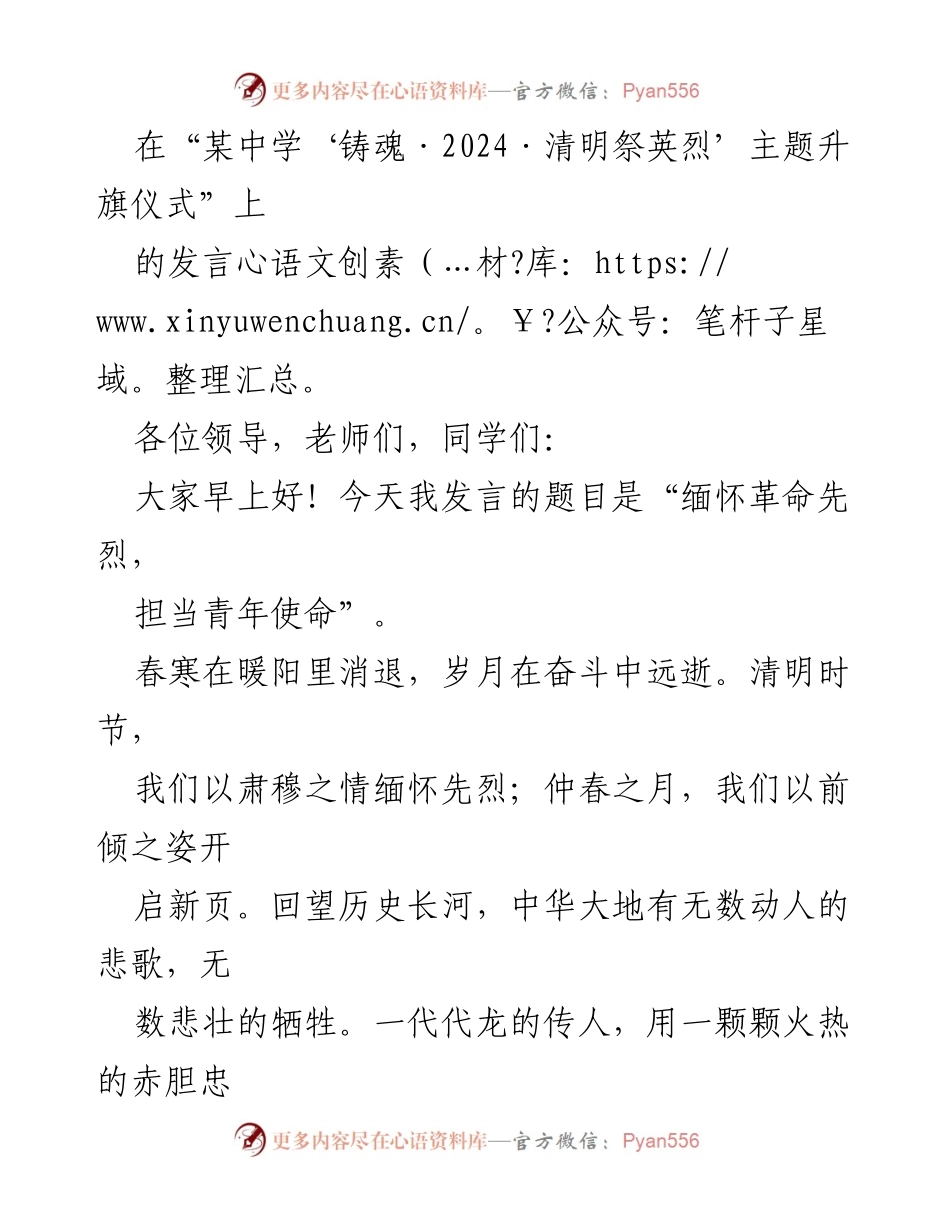 [发言] 升旗仪式 - 缅怀先烈，担当青年使命.docx_第1页