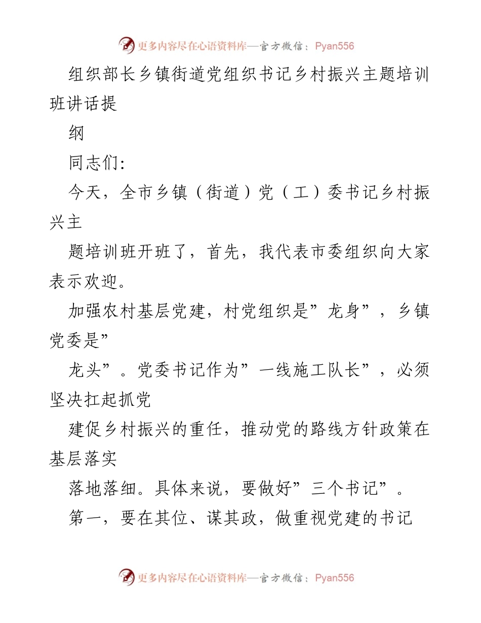 [发言] 培训班 - 加强农村基层党建，推动乡村振兴的责任与措施.docx_第1页