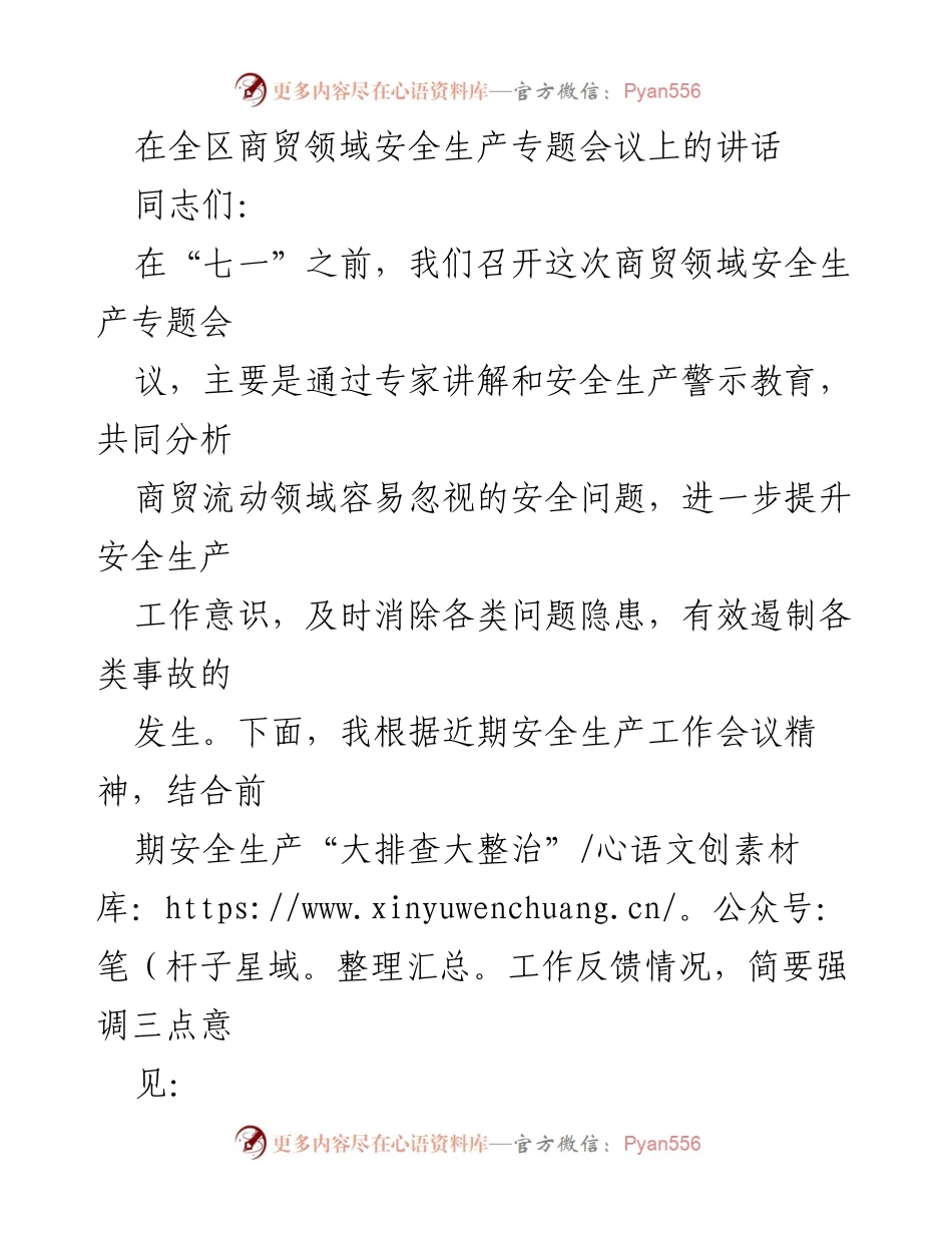 [发言] 商贸领域安全生产专题会议 - 强调商贸领域安全生产的重要性与责任落实.docx_第1页