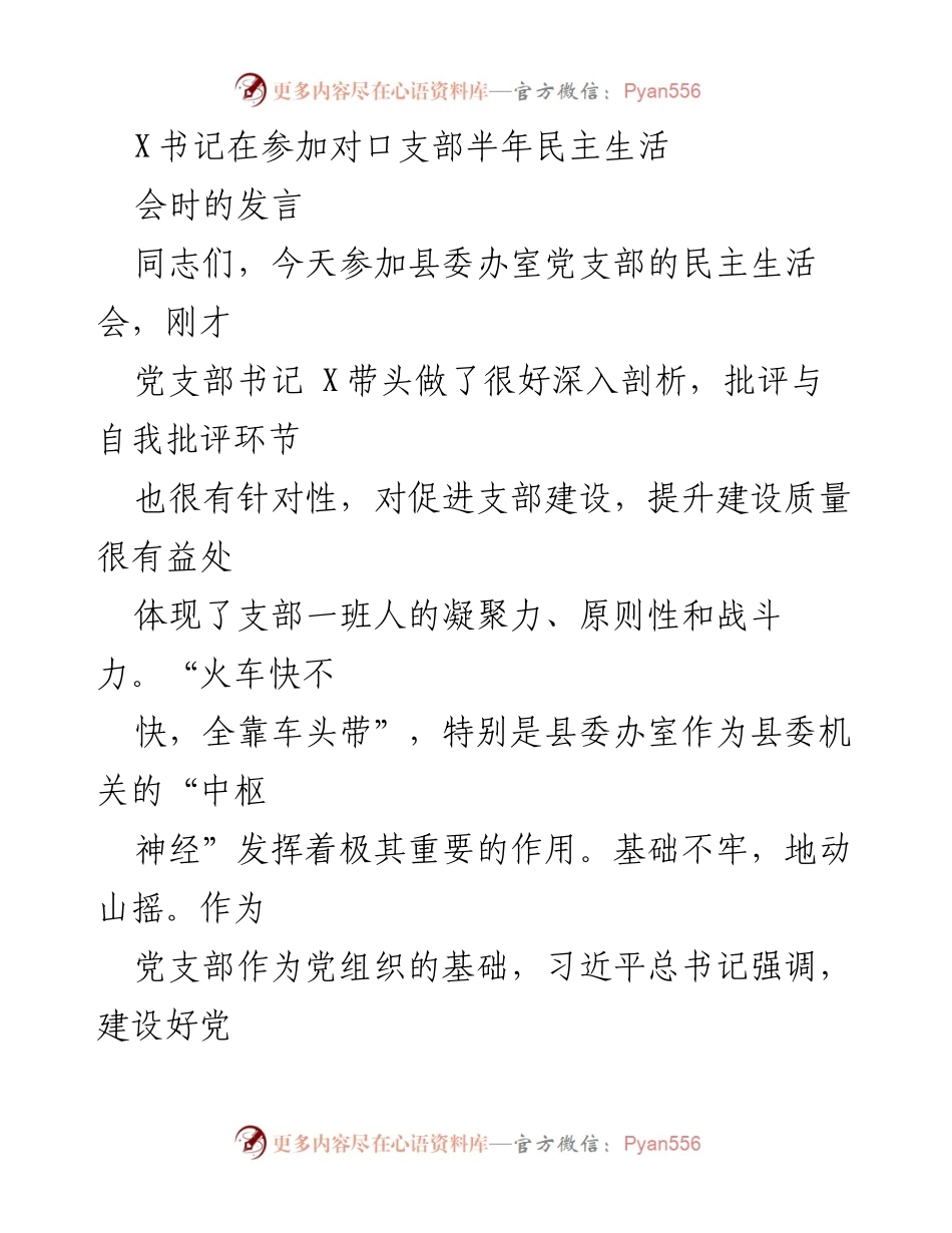 [发言] 半年民主生活会 - 强化党建引领，提升支部建设质量.docx_第1页