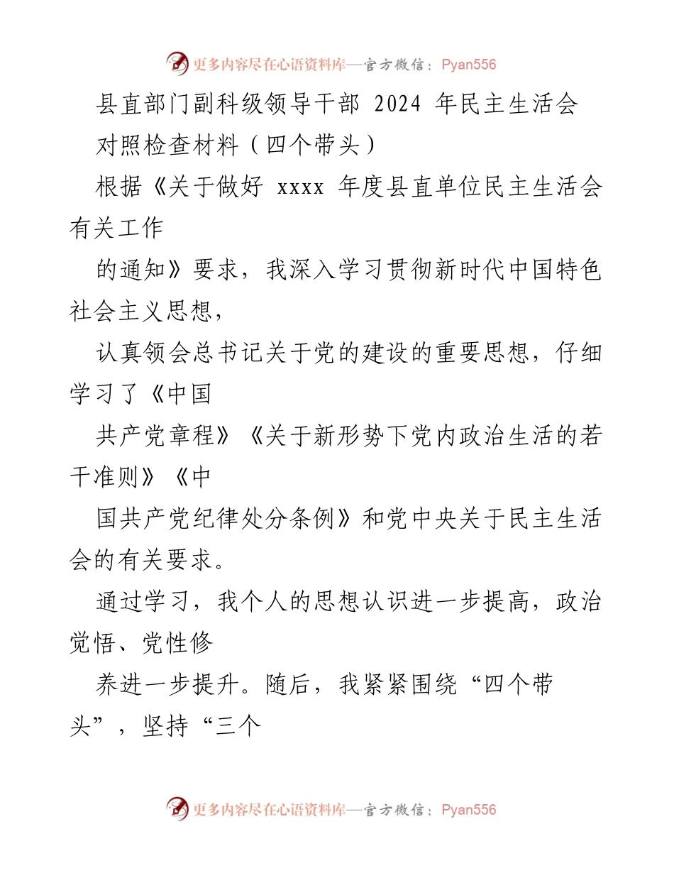 [发言] 县直部门副科级领导干部民主生活会 - 2024年民主生活会对照检查材料总结.docx_第1页