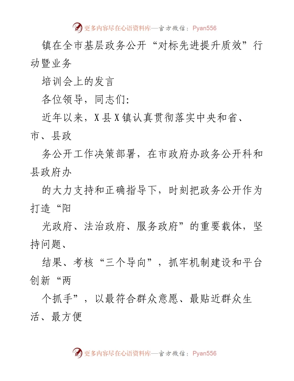 [发言] 培训会 - 推进X镇基层政务公开标准化规范化建设的措施与计划.docx_第1页
