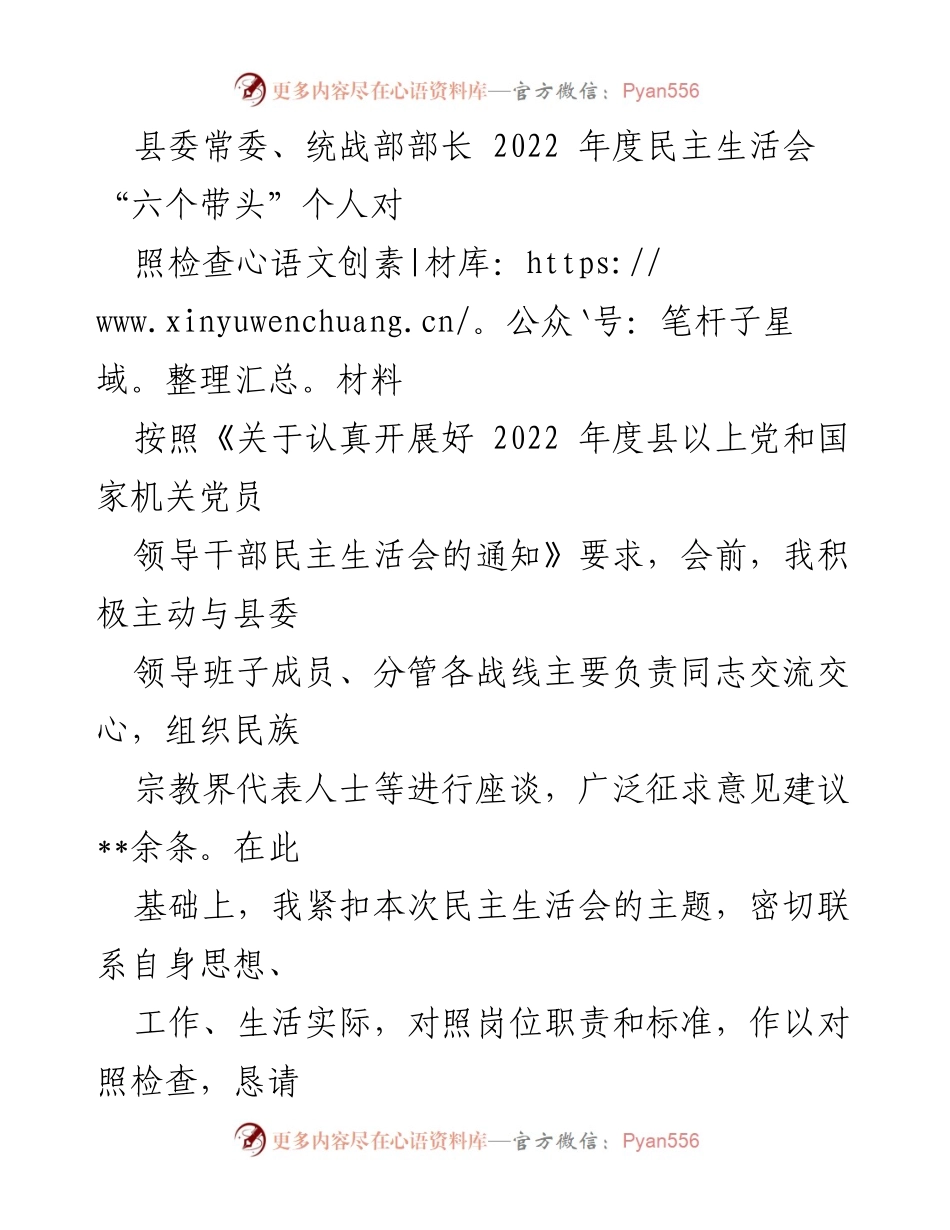 [发言] 县委常委、统战部部长年度民主生活会 - 2022年度民主生活会个人对照检查材料总结.docx_第1页