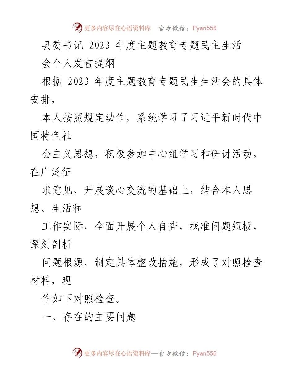 [发言] 县委书记年度主题教育专题民主生活会 - 个人自查与整改措施发言提纲.docx_第1页