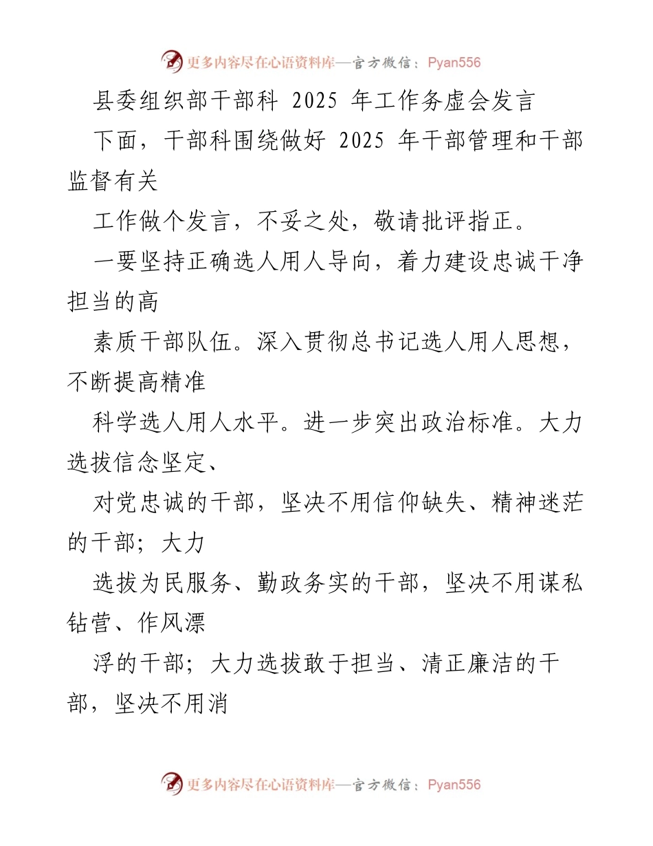 [发言] 县委组织部干部科 2025 年工作务虚会 - 加强干部选拔与年轻干部培养的策略.docx_第1页