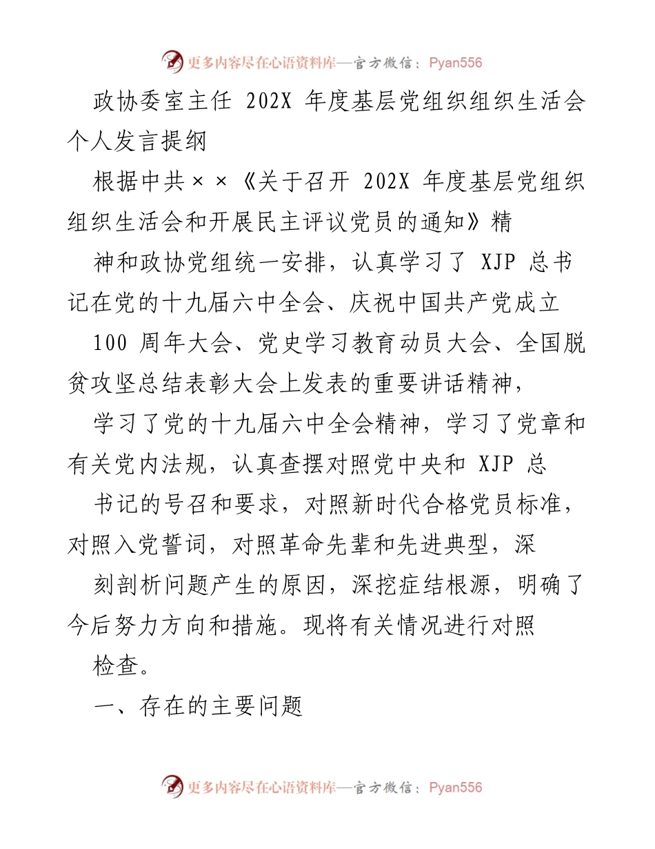 [发言] 基层党组织组织生活会 - 202X年度个人发言提纲及问题剖析.docx_第1页