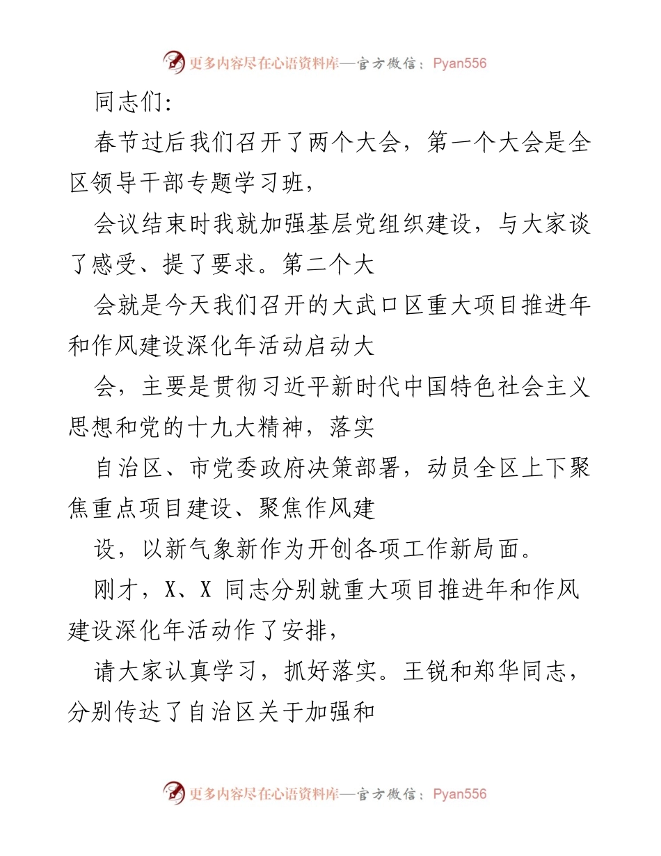 [发言] 大武口区重大项目推进年和作风建设深化年活动启动大会 - 加强基层党组织建设，推动经济社会全面进步.docx_第1页
