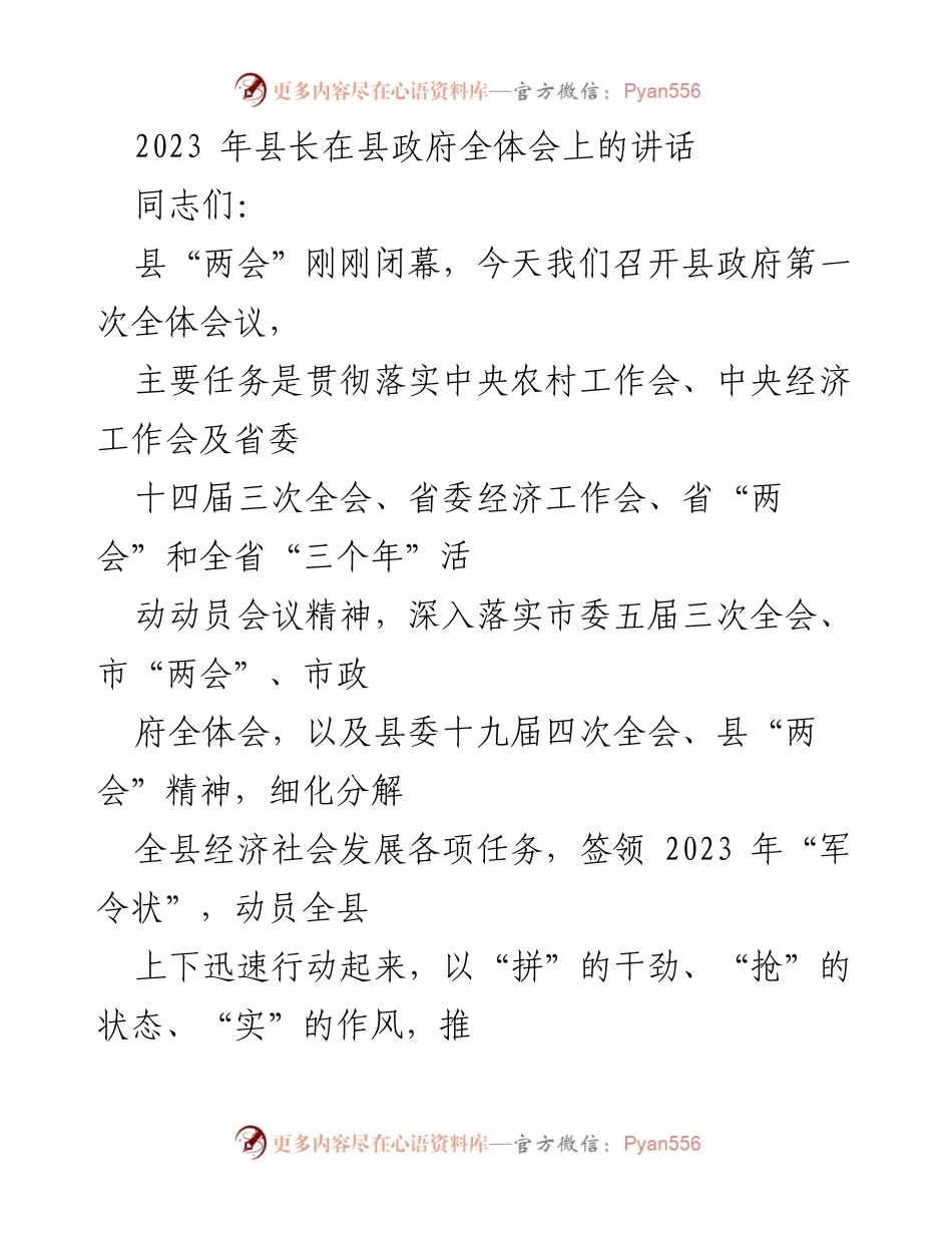 [发言] 县政府全体会议 - 2023年县长讲话：推动高质量发展与责任落实.docx_第1页