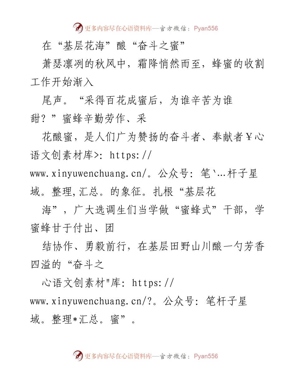 [发言] 培训会议 - “基层花海”中的“蜜蜂精神”：选调生的奉献与担当.docx_第1页