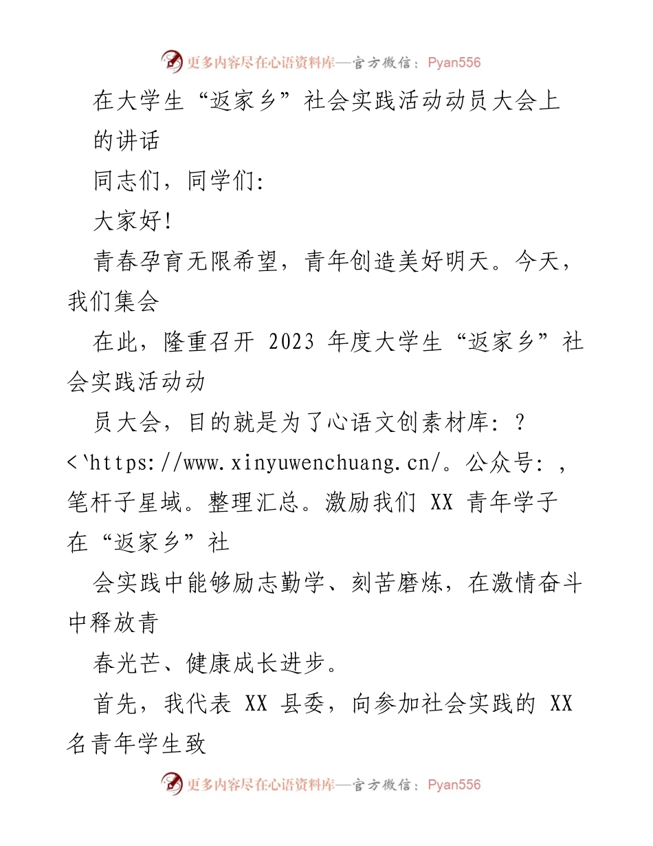 [发言] 大学生“返家乡”社会实践活动动员大会 - 激励青年在实践中成长与奋斗.docx_第1页