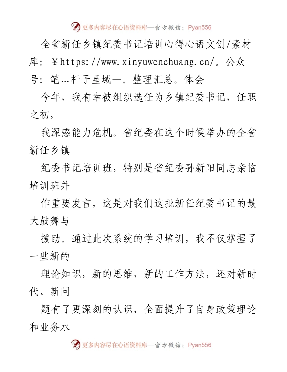 [发言] 培训班 - 新任乡镇纪委书记培训心得体会.docx_第1页