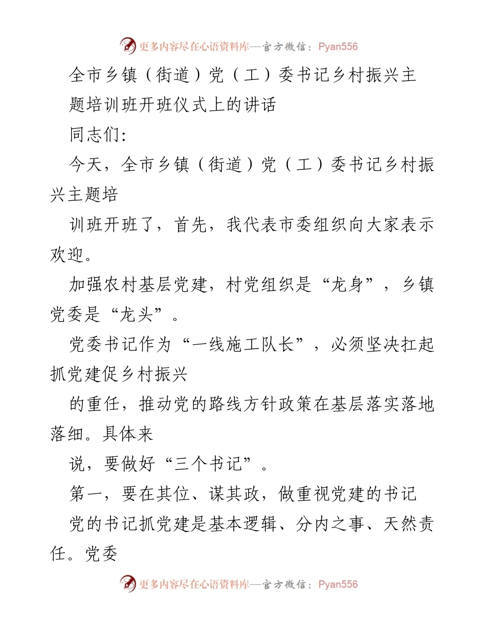 [发言] 培训班开班 - 乡镇（街道）党委书记在乡村振兴主题培训班开班仪式上的讲话.docx_第1页