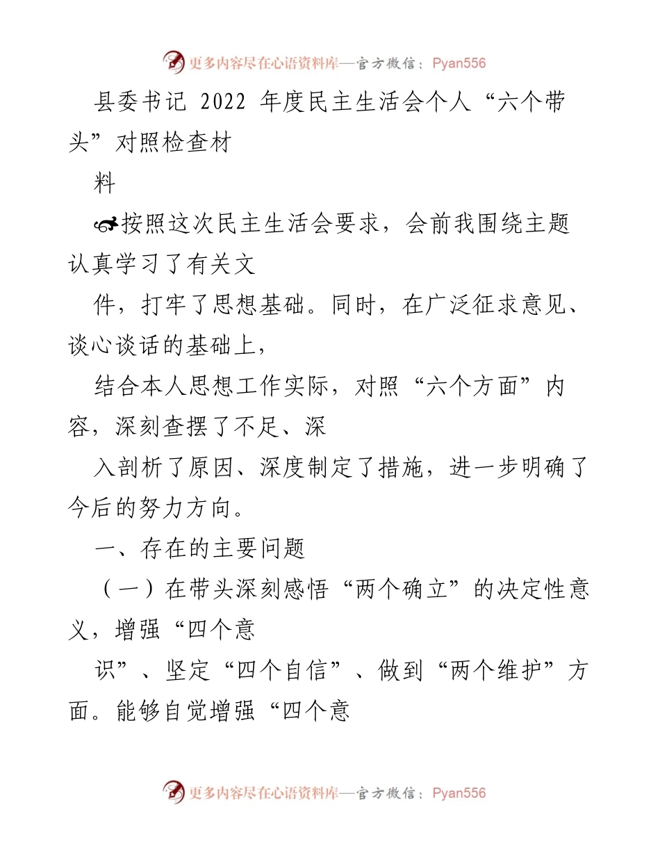 [发言] 县委书记年度民主生活会 - 2022年度民主生活会个人对照检查发言材料.docx_第1页