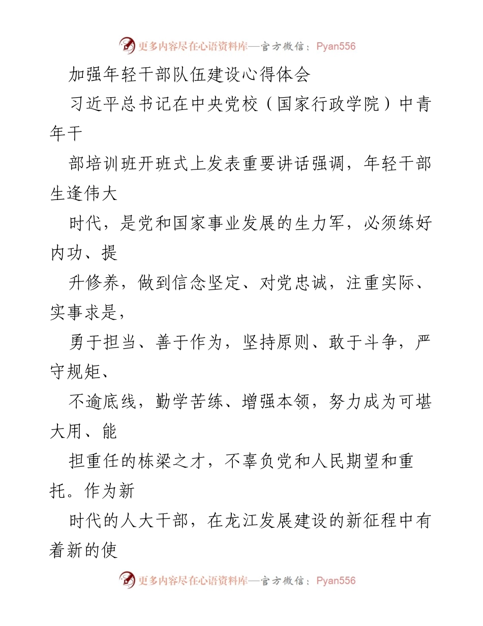 [发言] 培训班 - 加强年轻干部队伍建设的心得体会.docx_第1页