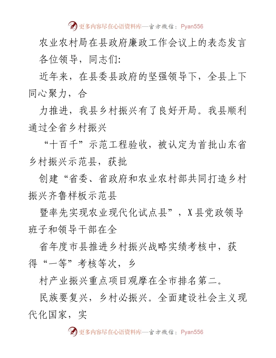 [发言] 县政府廉政工作会议 - 农业农村局表态发言：推动乡村振兴与粮食安全保障.docx_第1页
