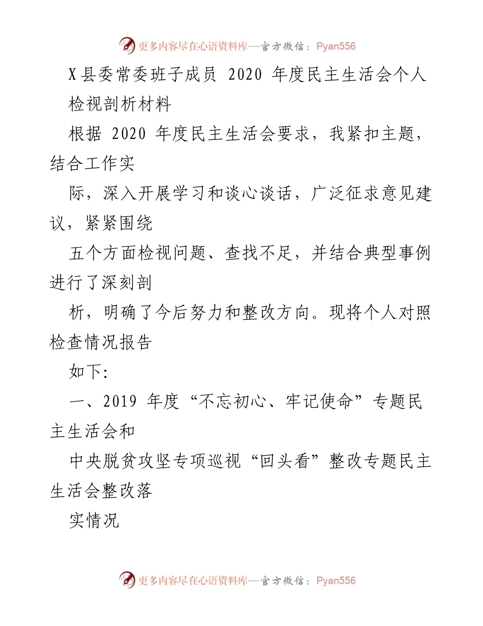 [发言] 县委常委班子成员年度民主生活会 - 2020年度民主生活会个人检视剖析报告.docx_第1页