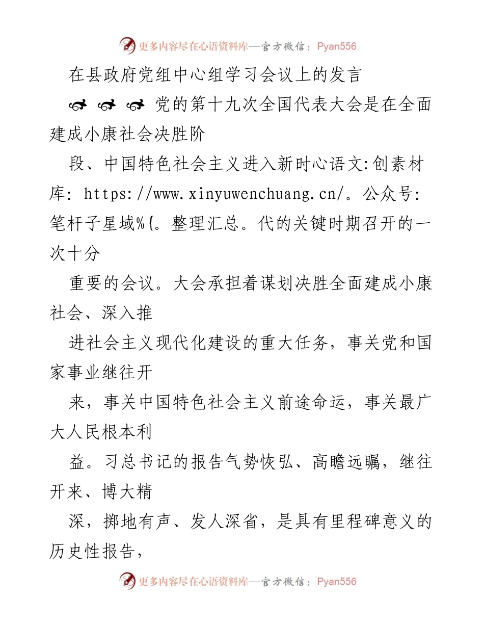[发言] 县政府党组中心组学习会议 - 深入学习党的十九大精神，推动新时代中国特色社会主义发展.docx_第1页