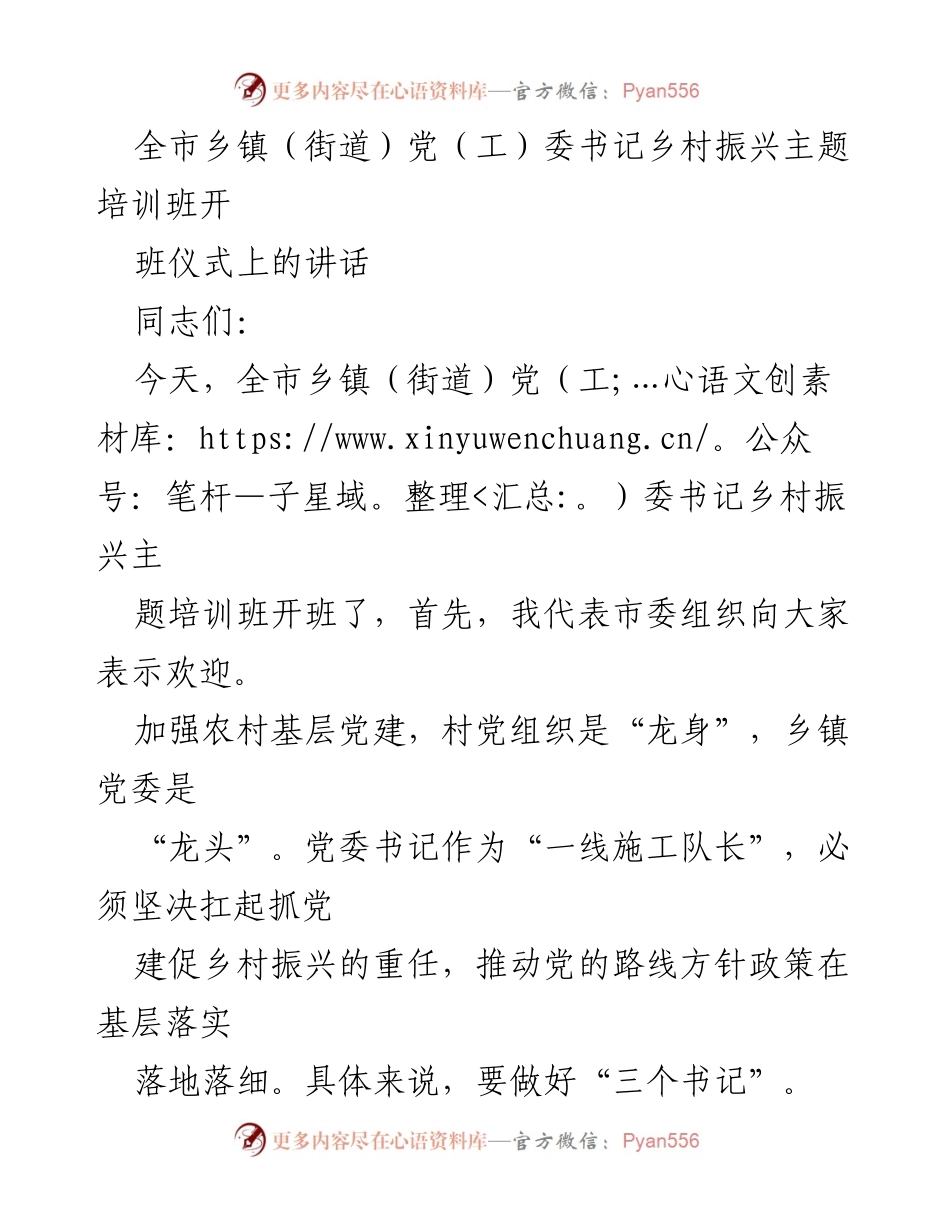 [发言] 培训班开班 - 强化党建引领乡村振兴的责任与策略.docx_第1页