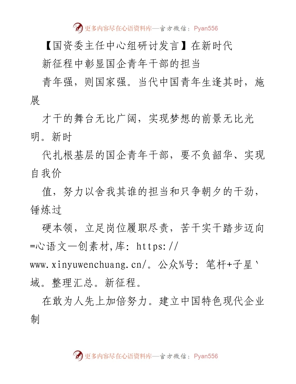 [发言] 国资委主任中心组研讨 - 新时代国企青年干部的担当与使命.docx_第1页
