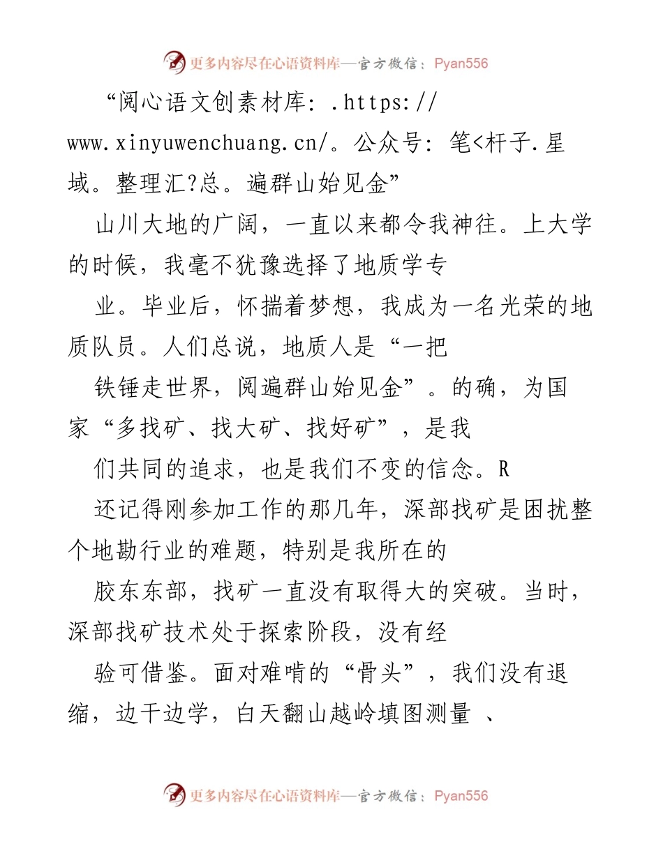 [发言] 地质工作总结 - “阅遍群山始见金”：新时代地质人的责任与使命.docx_第1页
