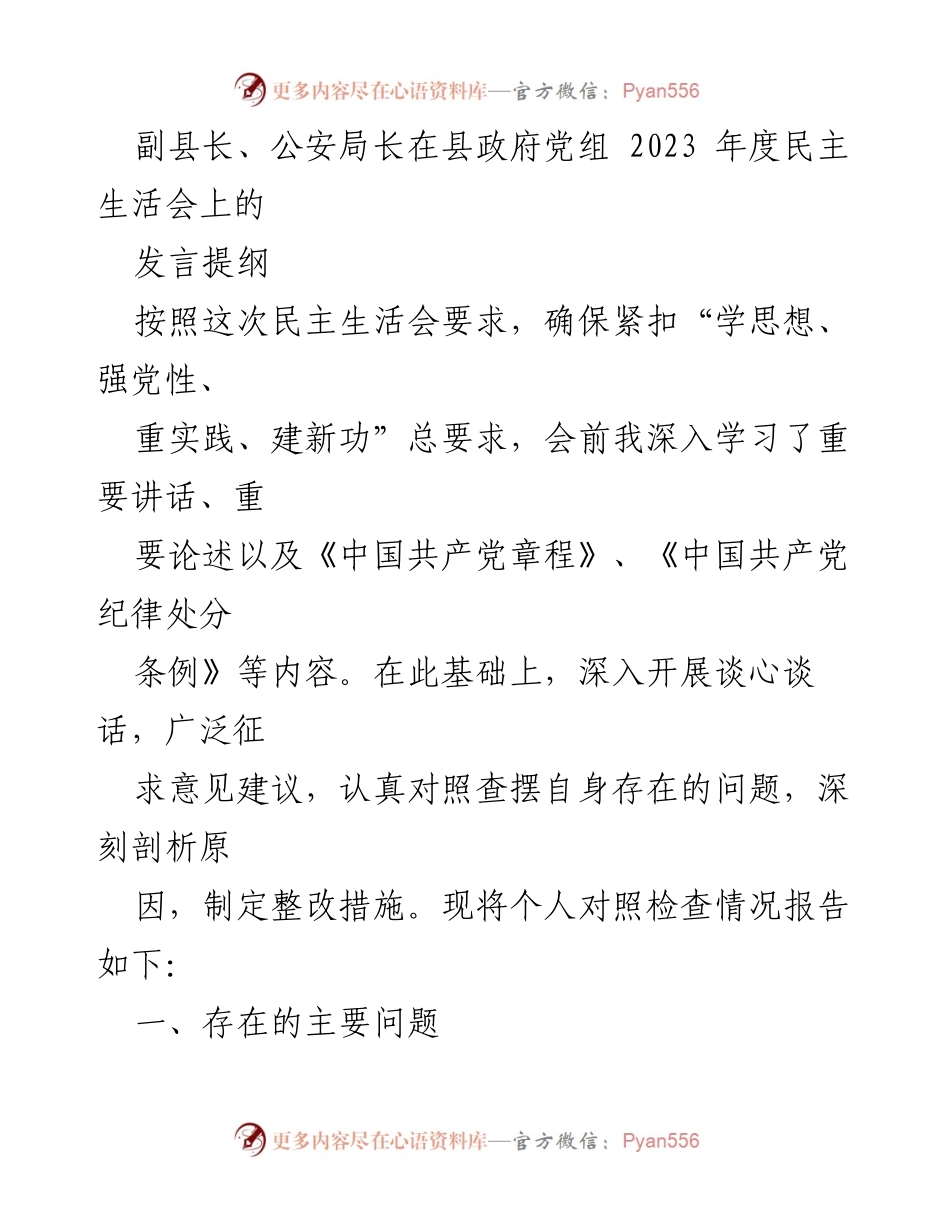 [发言] 县政府党组年度民主生活会 - 副县长、公安局长的对照检查发言提纲.docx_第1页